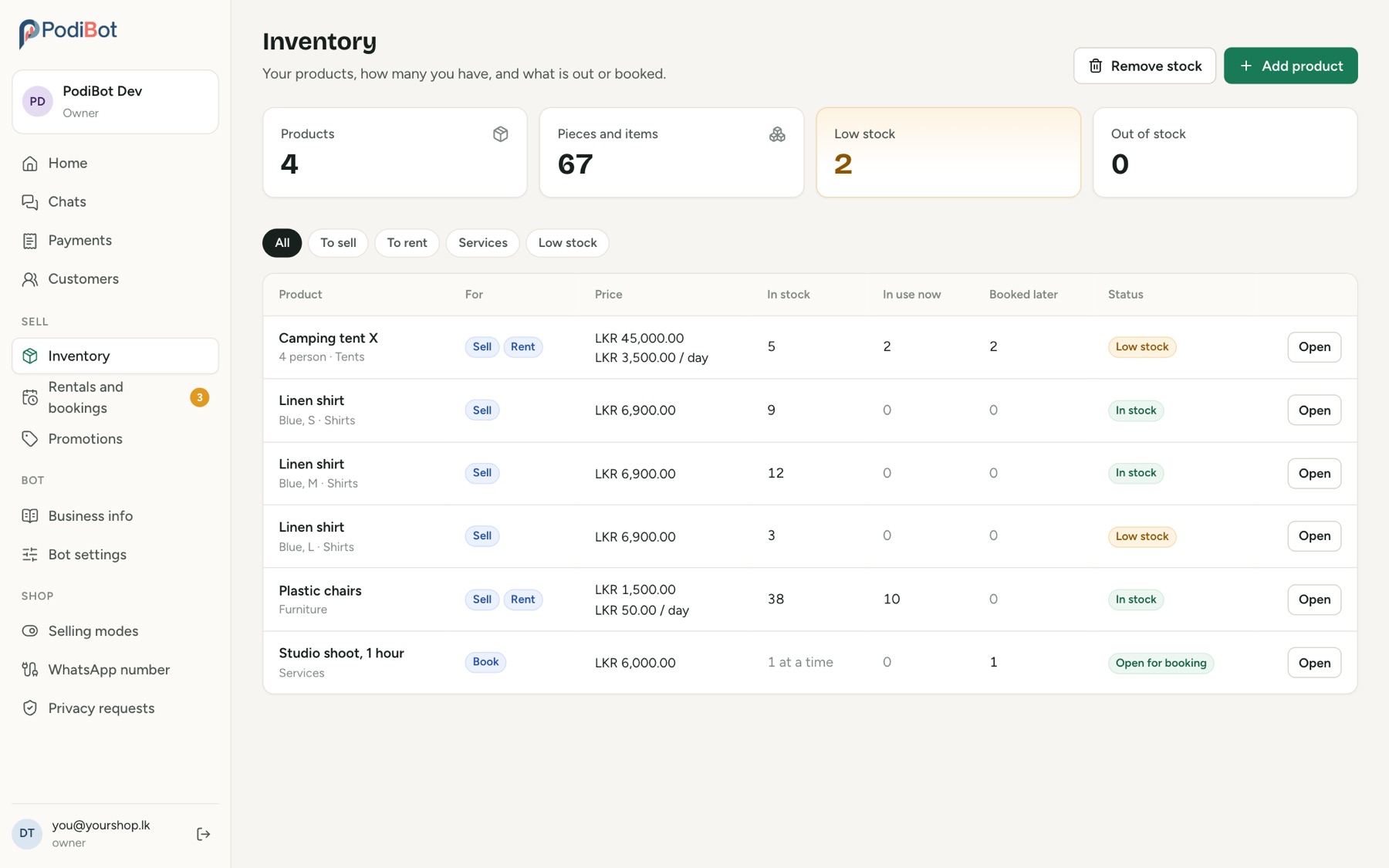 Inventory screen
