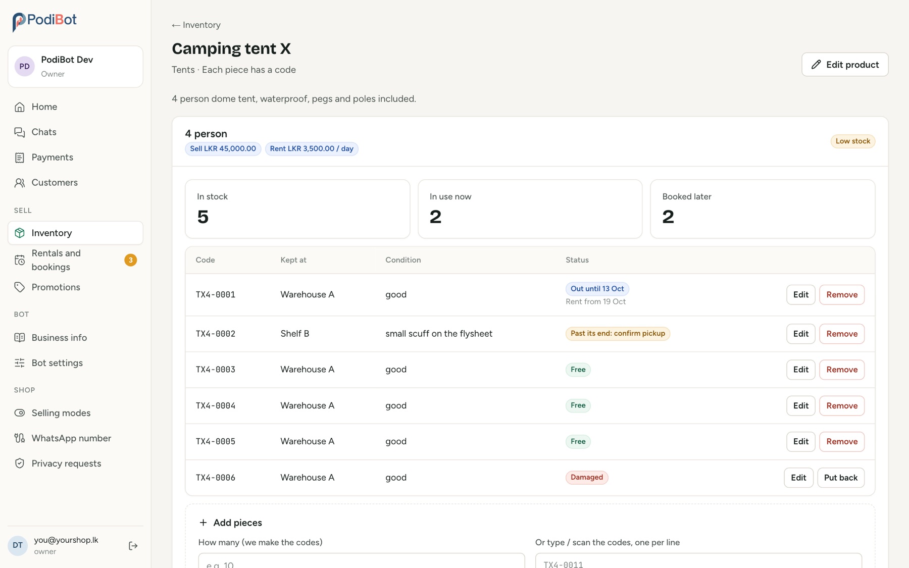 PodiBot product page: each tent has a code, a place and a status