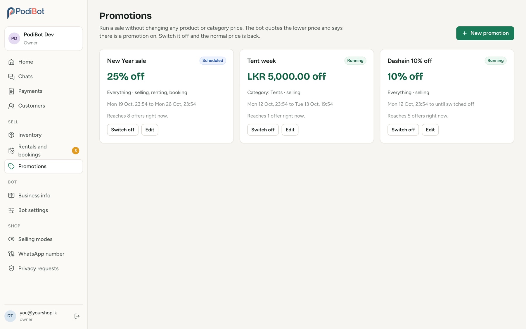 Promotions screen
