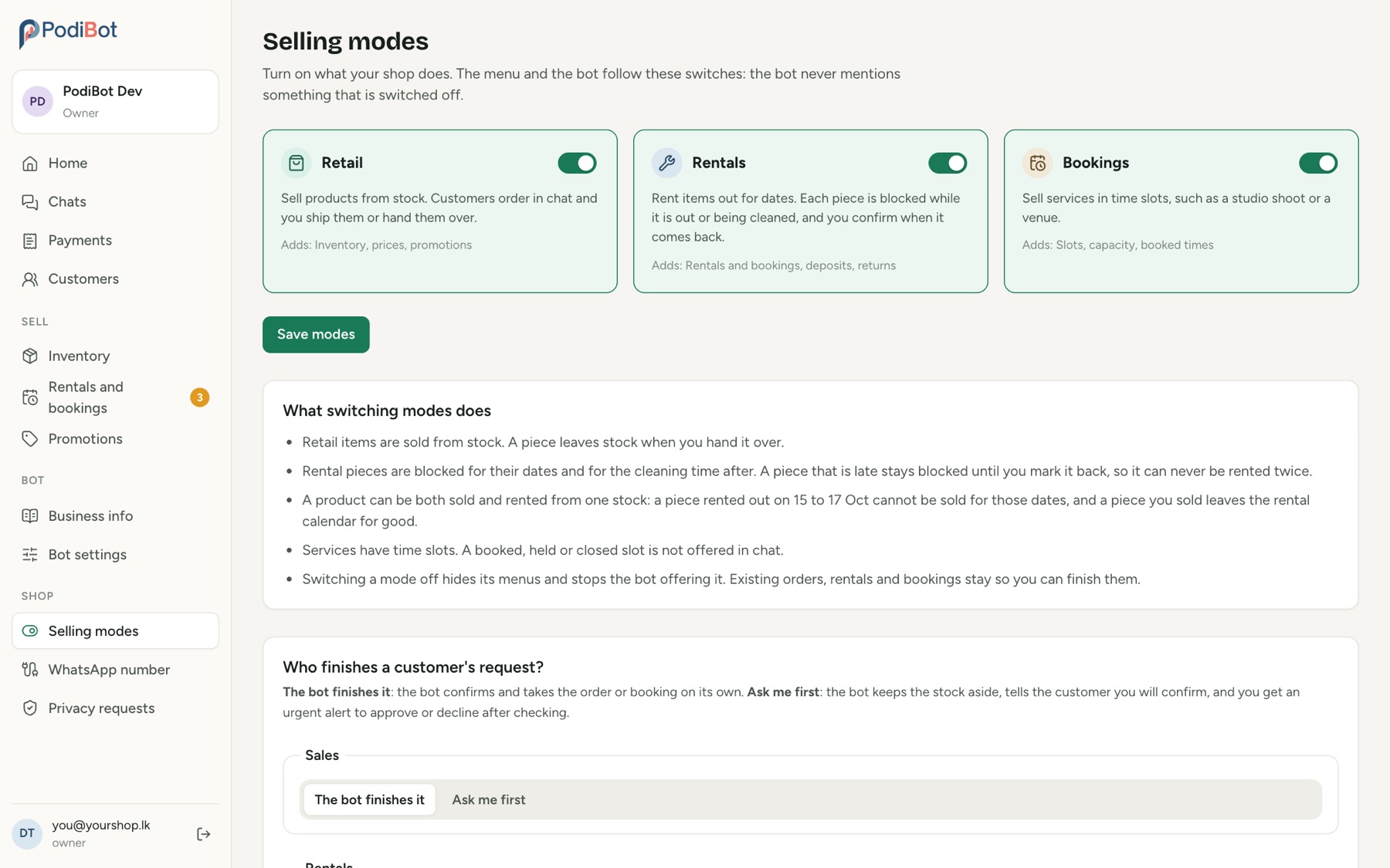 Selling modes screen